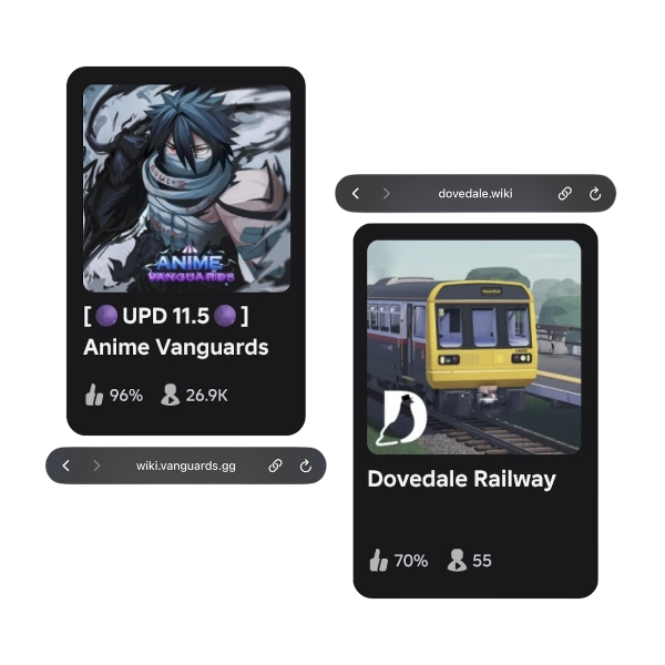 An image showing two Roblox games, Dovedale Railway and Anime Vanguards, as well as their respective wiki sites.